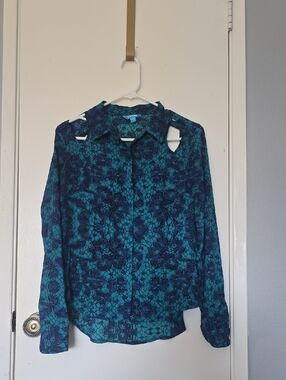 Nanette Lepore Teal & Navy Lace-Print Button Down Shirt